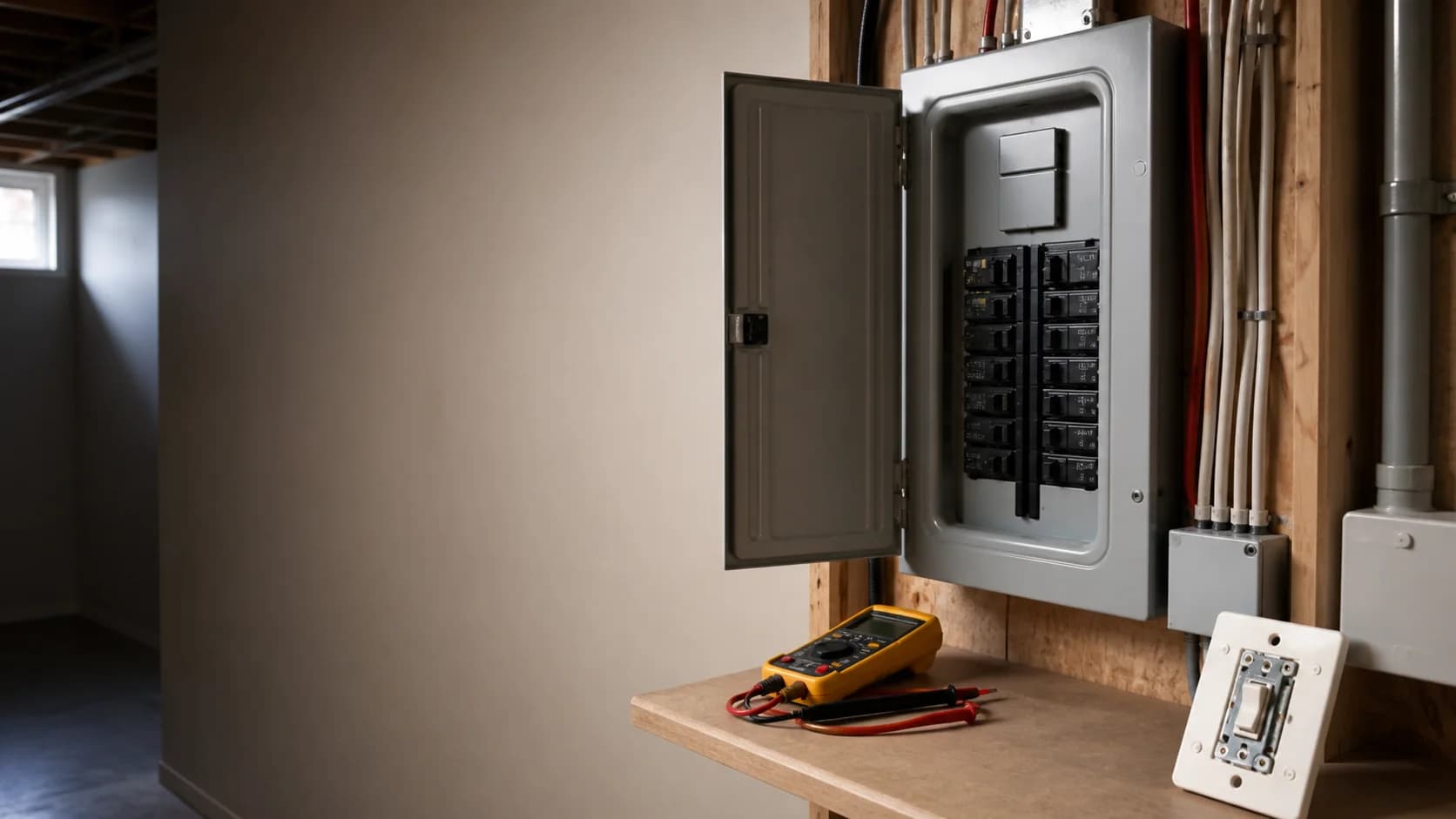 Residential electrical panel and diagnostic tools prepared for a troubleshooting service call
