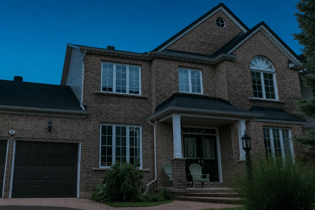 The same home at dusk with its permanent roofline lights switched off