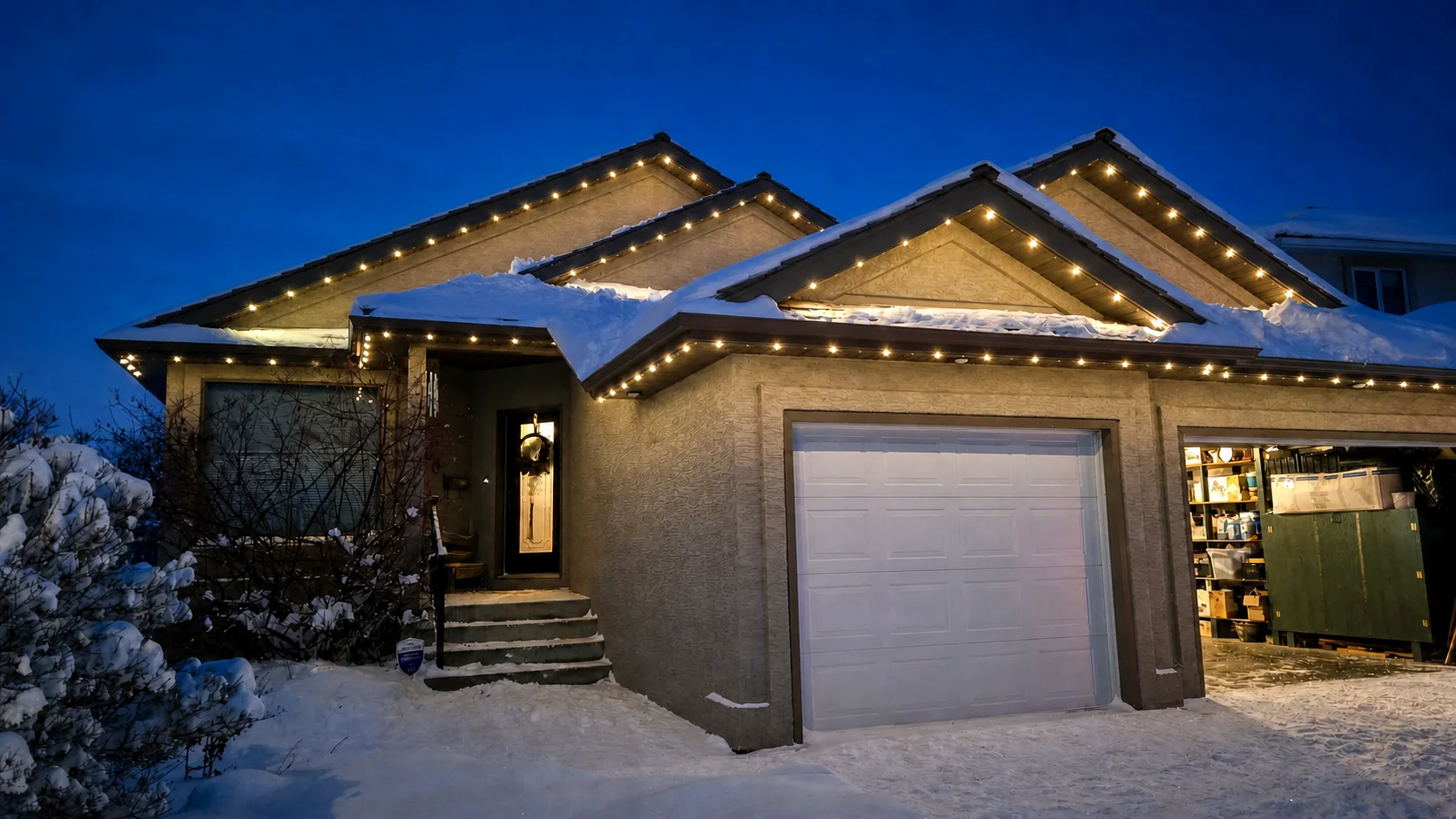 Warm permanent roofline lighting on a snowy Calgary Area home completed by Verity